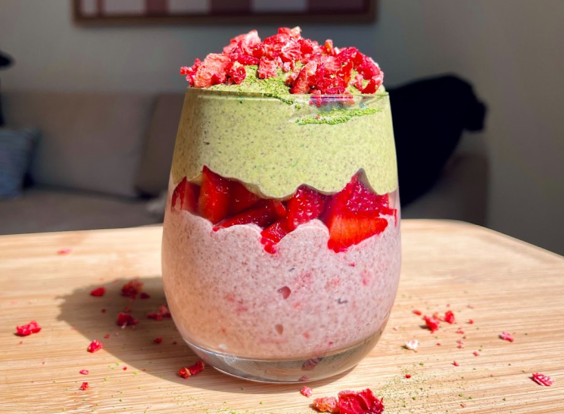 5 Step Strawberry Chia Seed Matcha Pudding